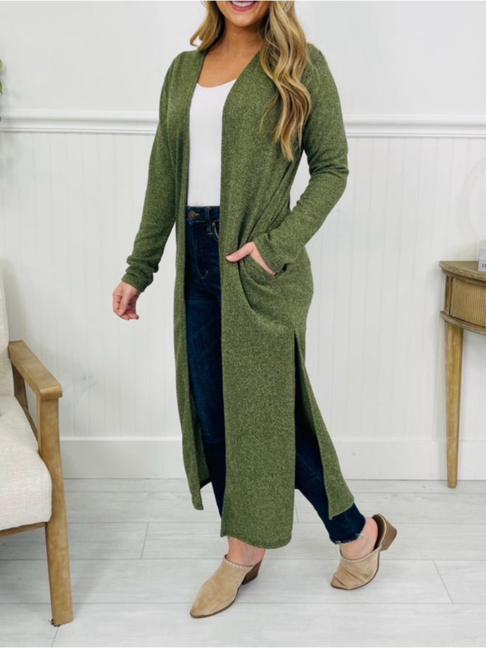 Haptics Long Olive Open Duster Cardigan with Pockets